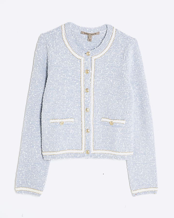 Blue Long Sleeve Boucle Cardigan