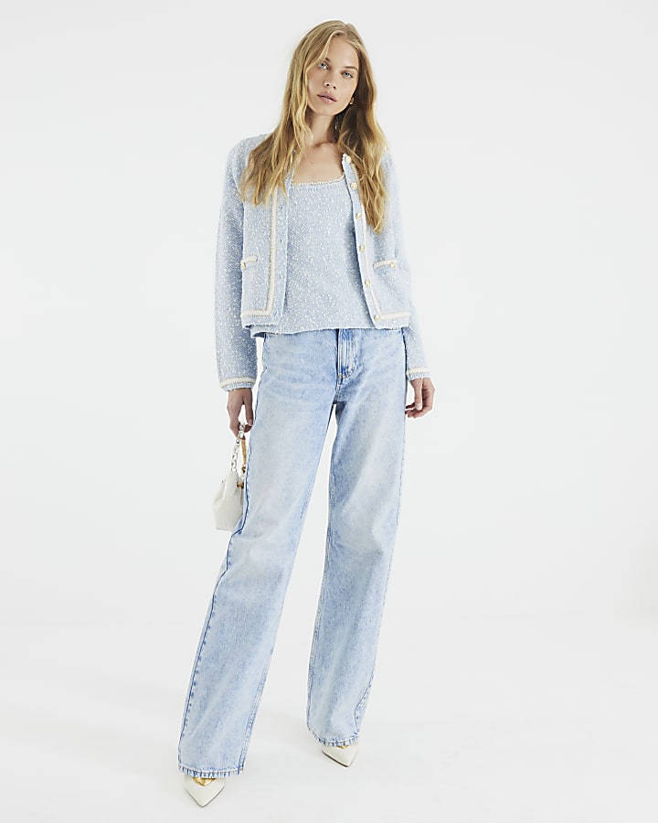 Blue Long Sleeve Boucle Cardigan