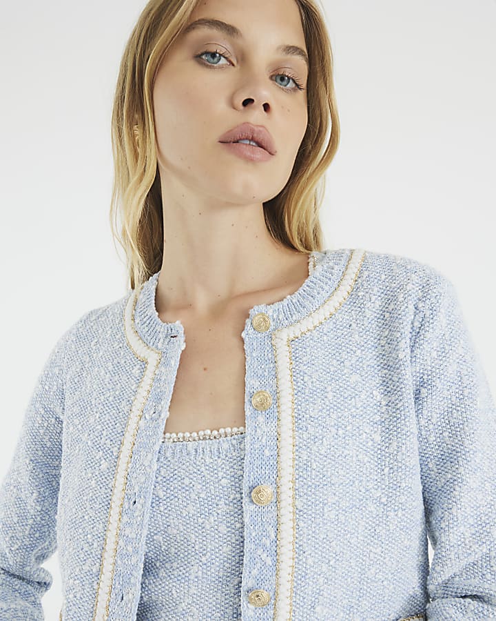 Blue Long Sleeve Boucle Cardigan