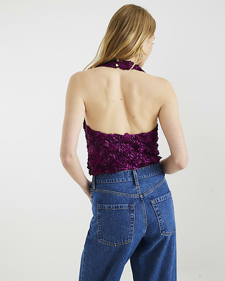 Purple Sleeveless Floral Plunge Bodysuit