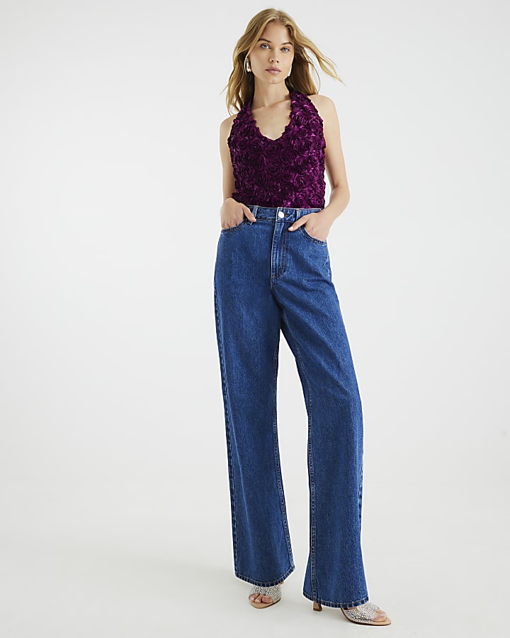 Purple Sleeveless Floral Plunge Bodysuit