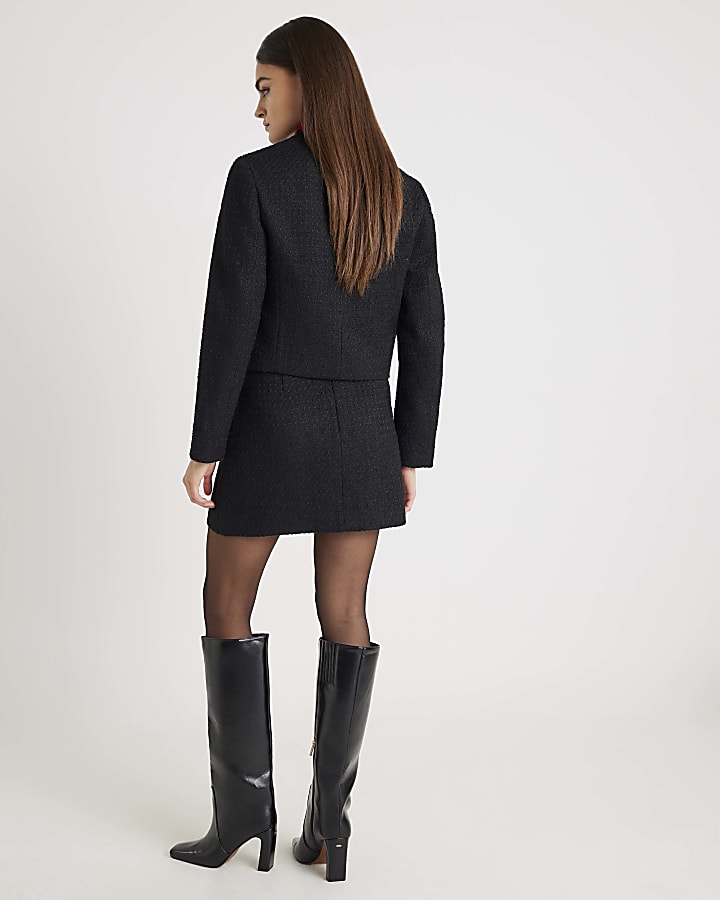 Black Boucle Button Front Mini Skirt
