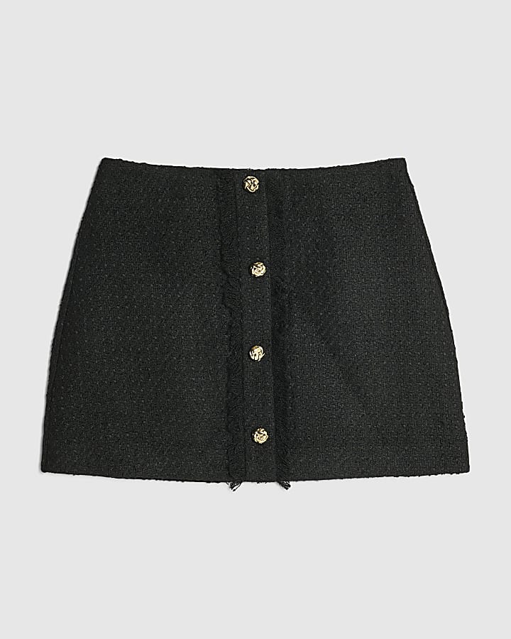 Black Boucle Button Front Mini Skirt