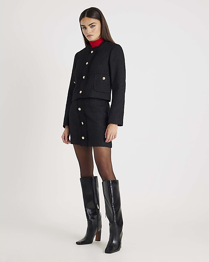 Black Boucle Button Front Mini Skirt
