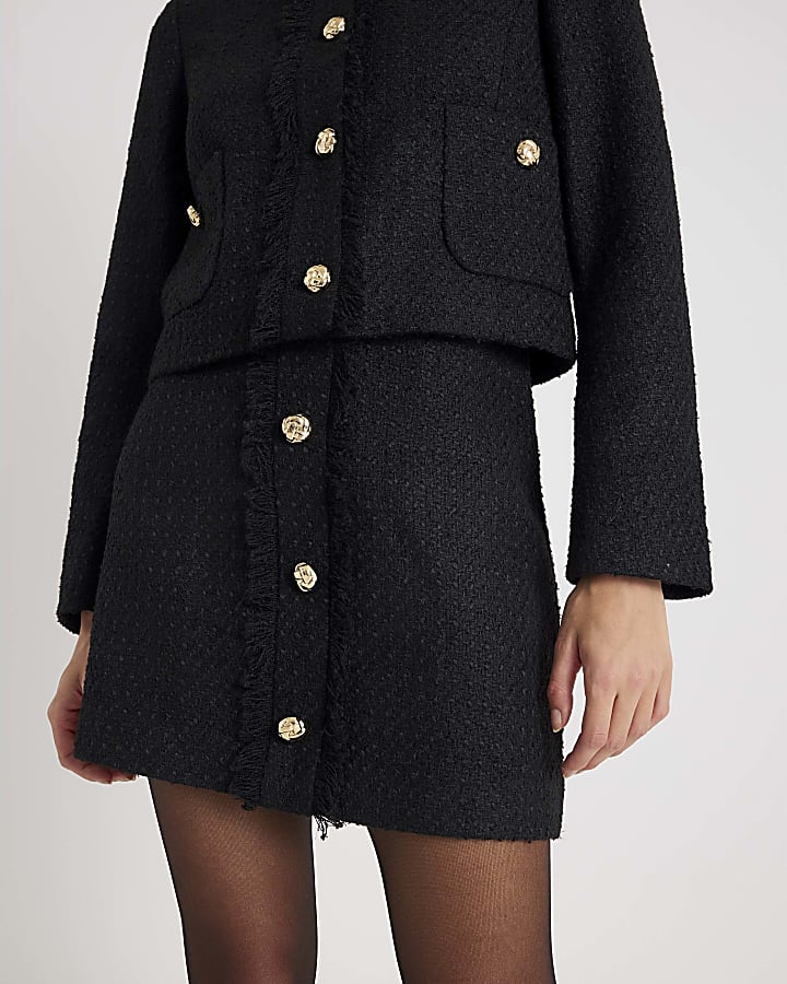 Black Boucle Button Front Mini Skirt