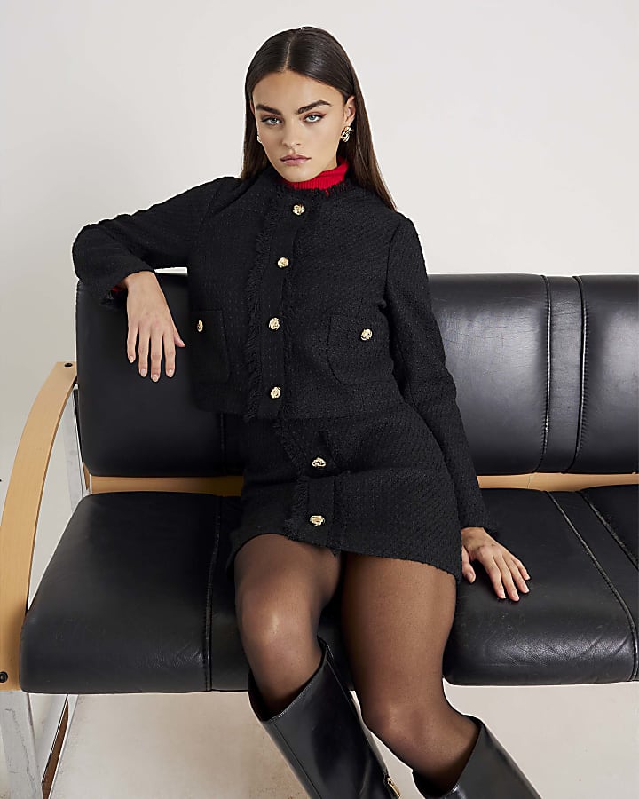 Black Boucle Button Up Jacket