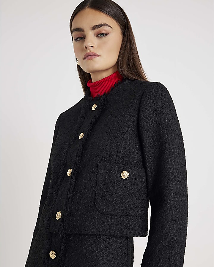 Black Boucle Button Up Jacket
