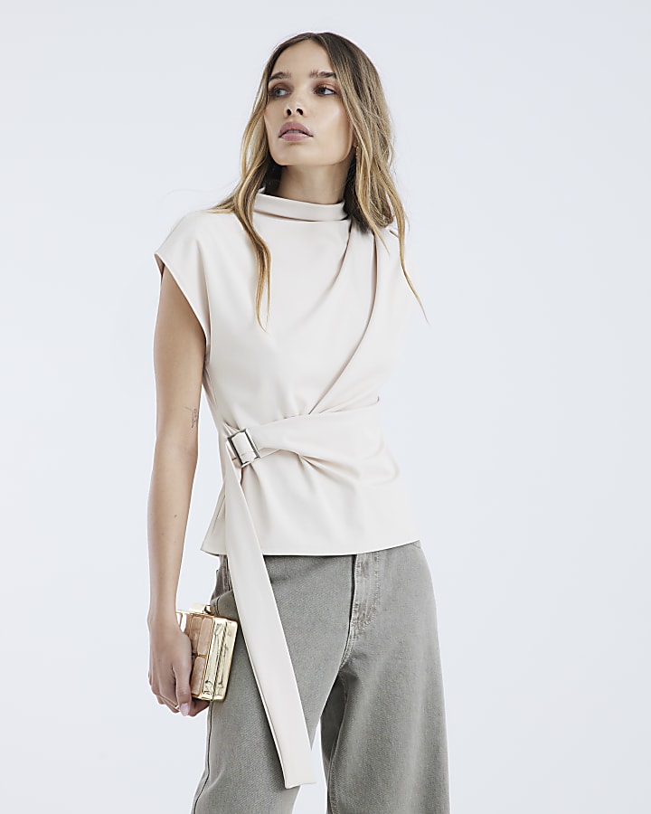 Cream Short Sleeve Belted Wrap Drape Top