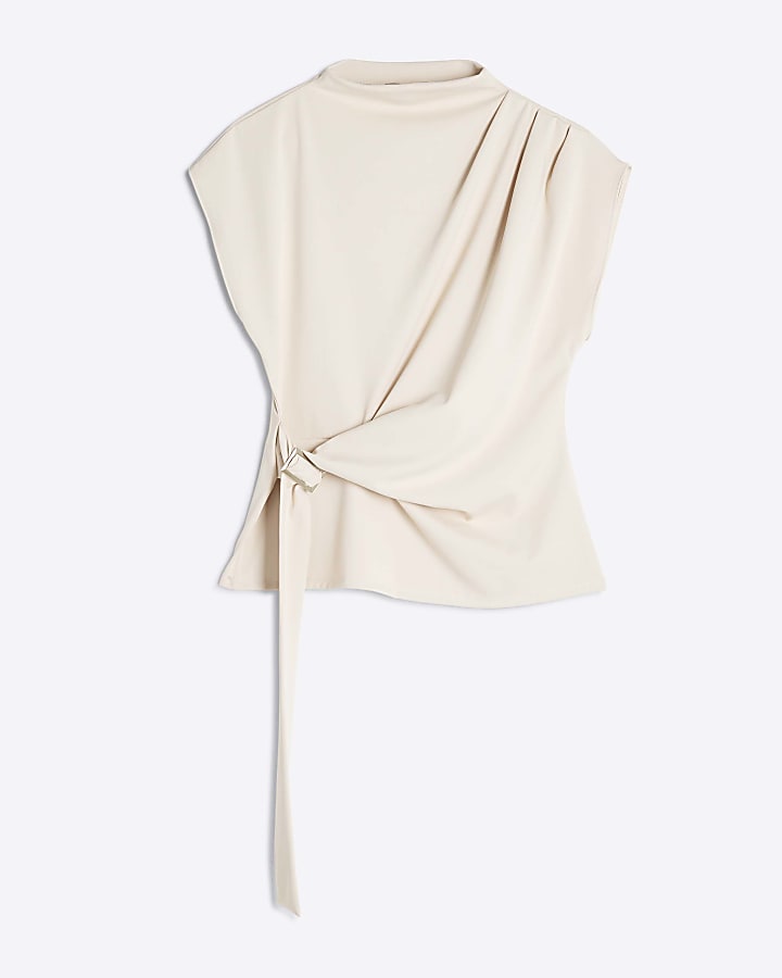 Cream Short Sleeve Belted Wrap Drape Top