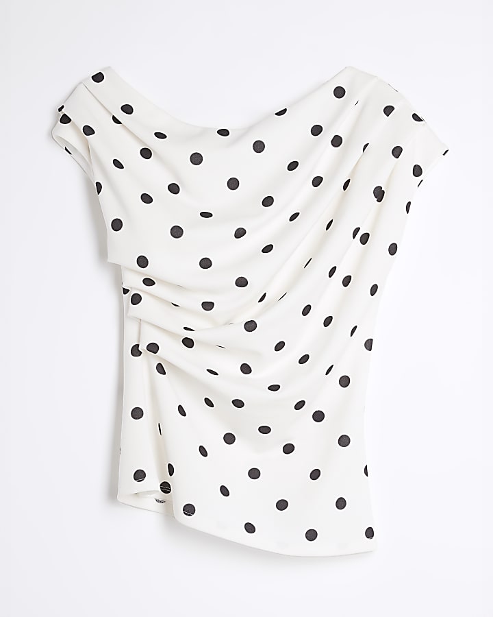 Cream Polka Dot Drape Scuba Top