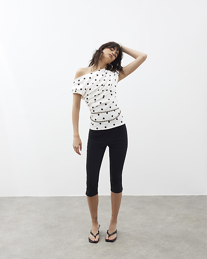Cream Polka Dot Drape Scuba Top