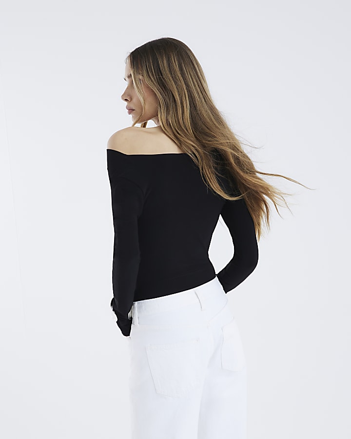 Black Long Sleeve Cowl Neck Bodysuit