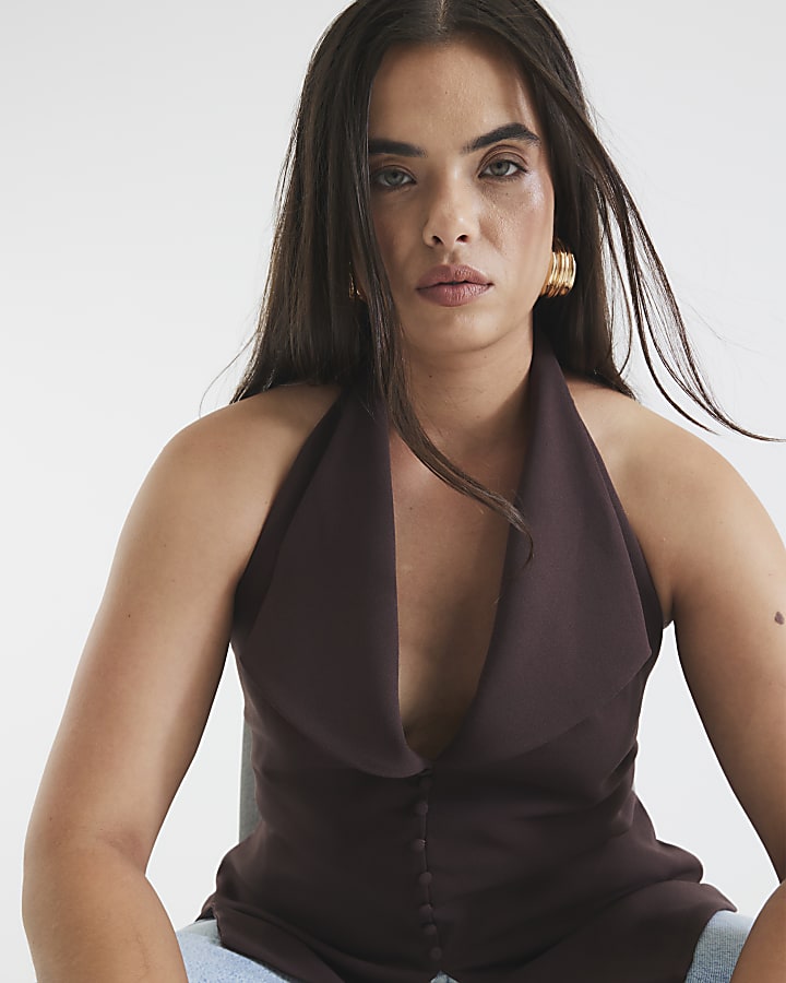 Brown Sleeveless Halter Neck Waistcoat