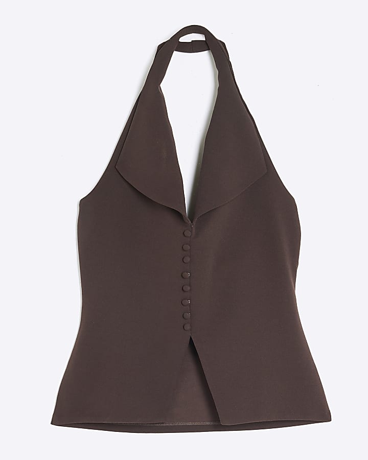 Brown Sleeveless Halter Neck Waistcoat