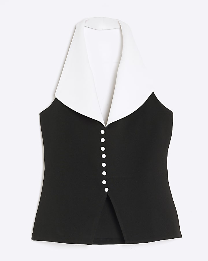 Black Sleeveless Halter Neck Waistcoat