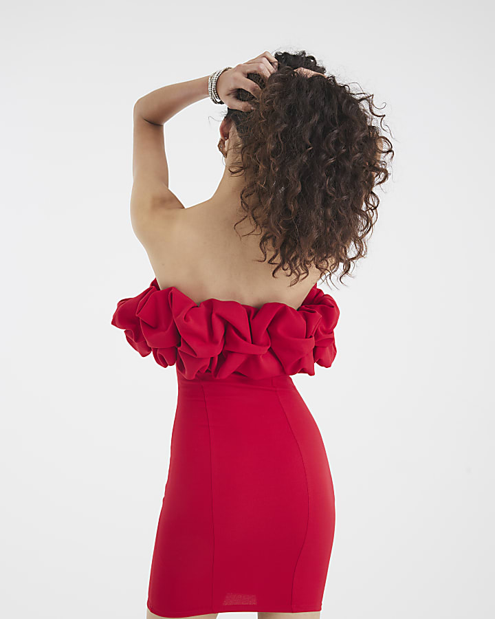 Red Short Sleeve Ruffle Mini Bardot Dress
