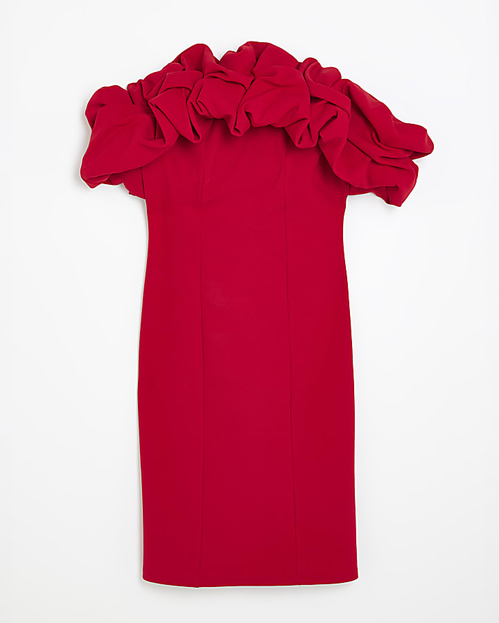 Red Short Sleeve Ruffle Mini Bardot Dress