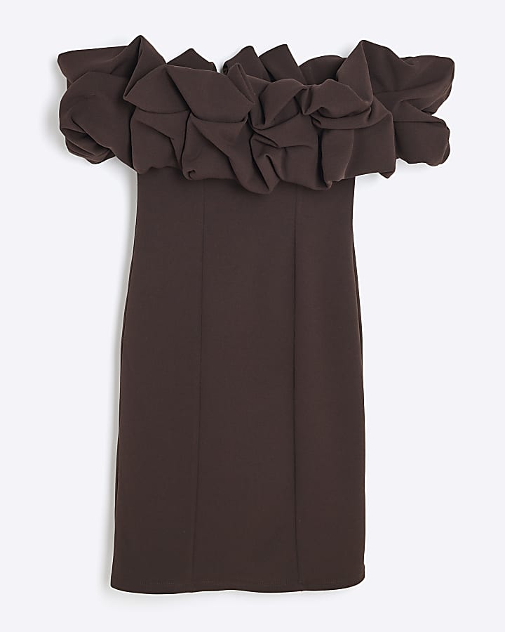 Brown Bardot Ruffle Mini Dress