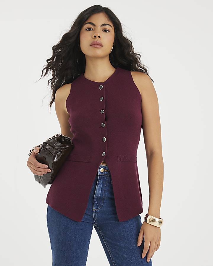 Red Knitted Longline Waistcoat