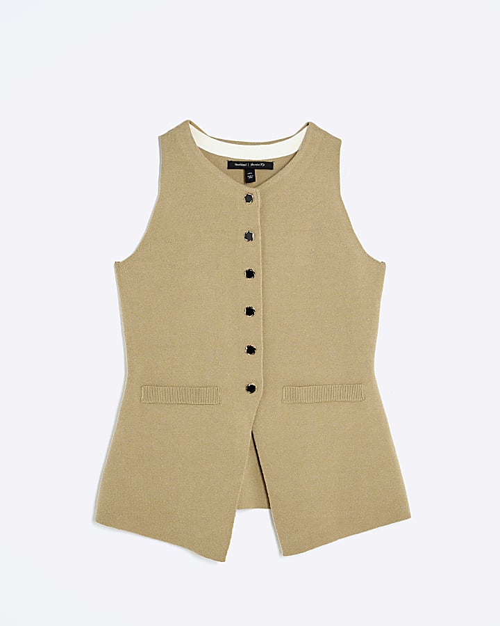 Khaki Knitted Longline Waistcoat