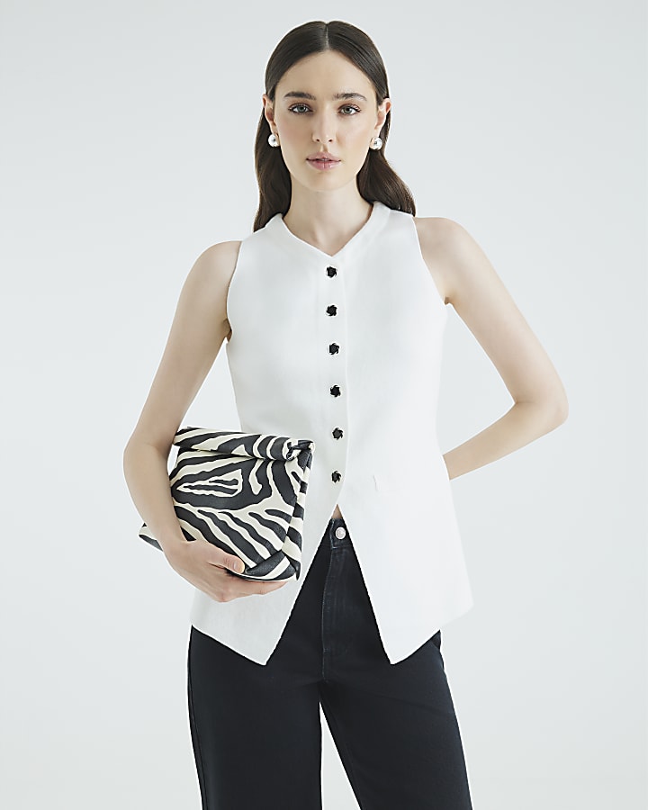 White Knitted Longline Waistcoat