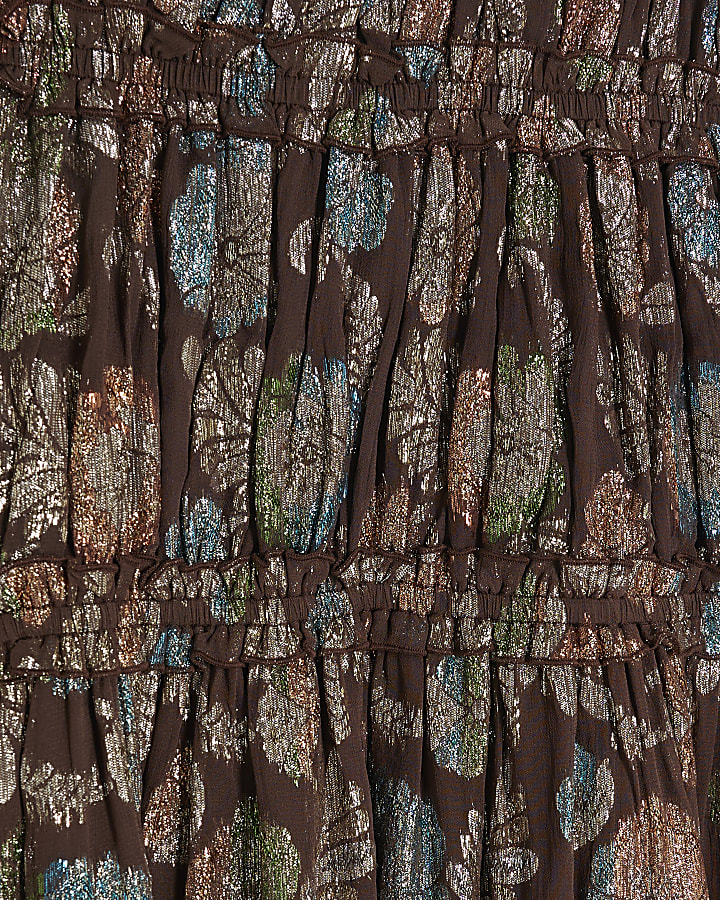 Brown Long Sleeve Floral Bardot Maxi Dress