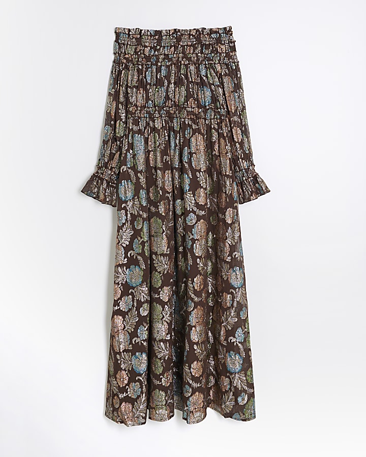 Brown Long Sleeve Floral Bardot Maxi Dress
