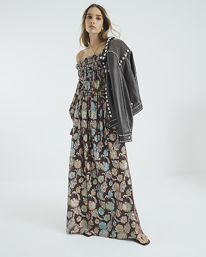 Brown Long Sleeve Floral Bardot Maxi Dress