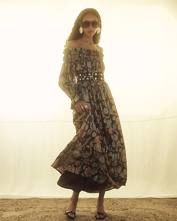 Brown Long Sleeve Floral Bardot Maxi Dress
