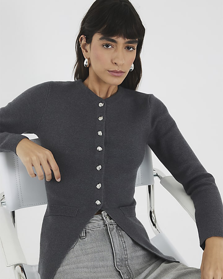 Grey Knitted Button Up Cardigan