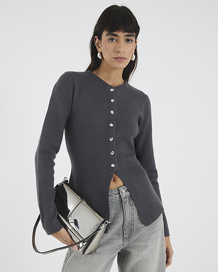 Grey Knitted Button Up Cardigan