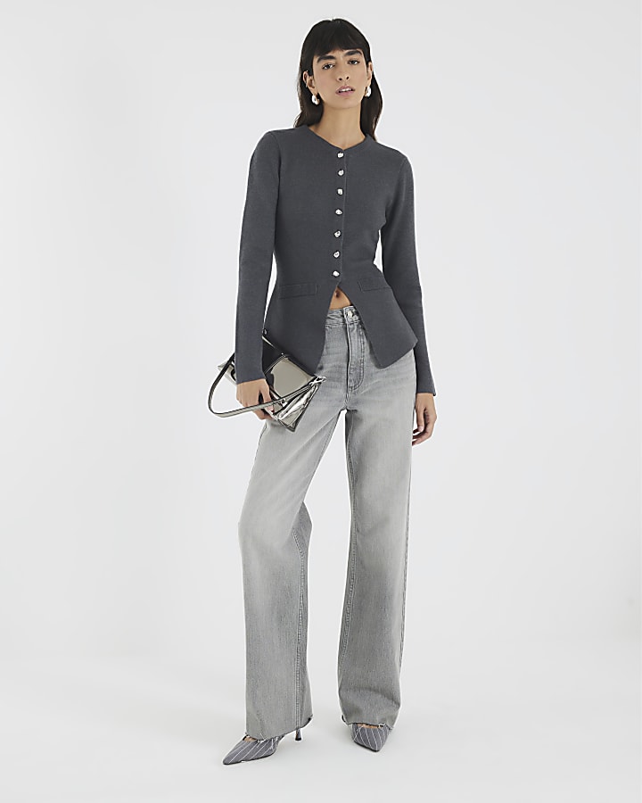 Grey Knitted Button Up Cardigan