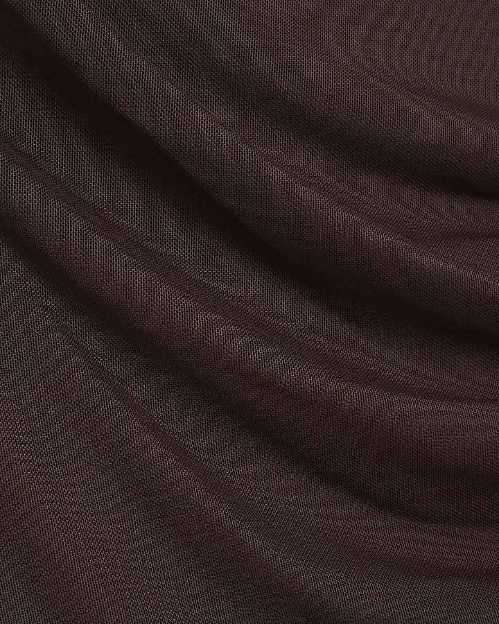 Brown Sleeveless Ruched Mesh Midi Dress