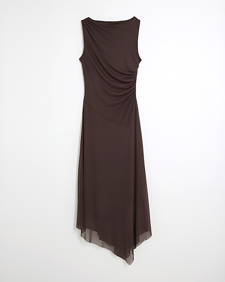 Brown Sleeveless Ruched Mesh Midi Dress