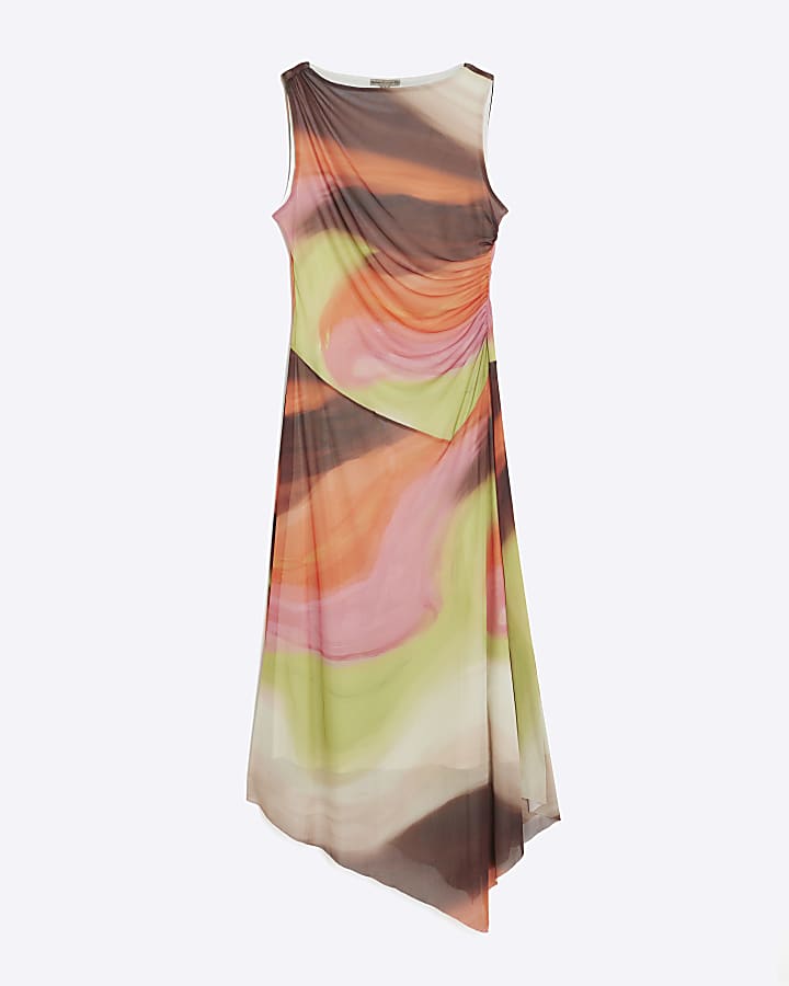 Brown Mesh Sleeveless Ruched Midi Dress