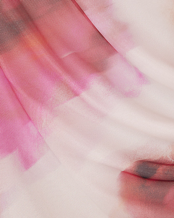 Pink Mesh Floral Sleeveless Ruched Mini Dress