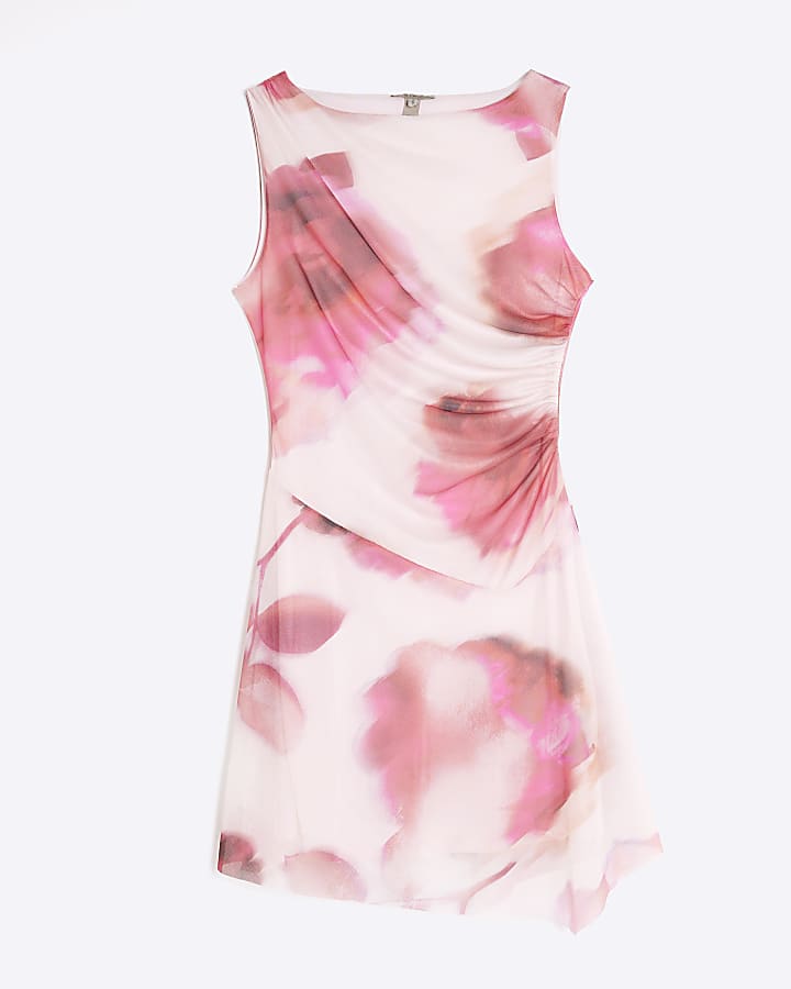 Pink Mesh Floral Sleeveless Ruched Mini Dress