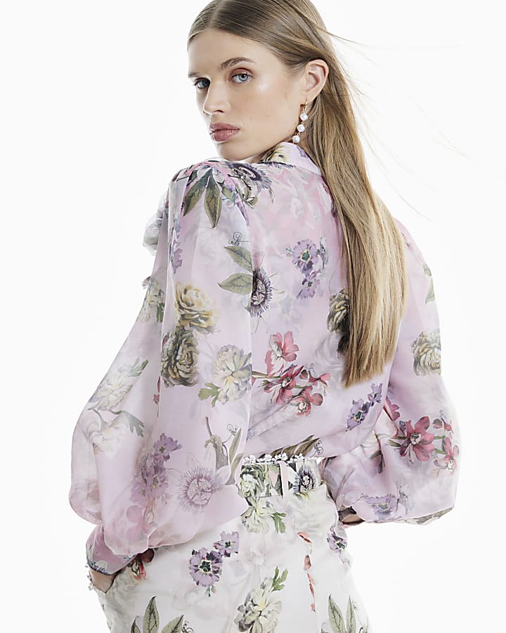Pink 3D Floral Trimmed Sleeve Blouse