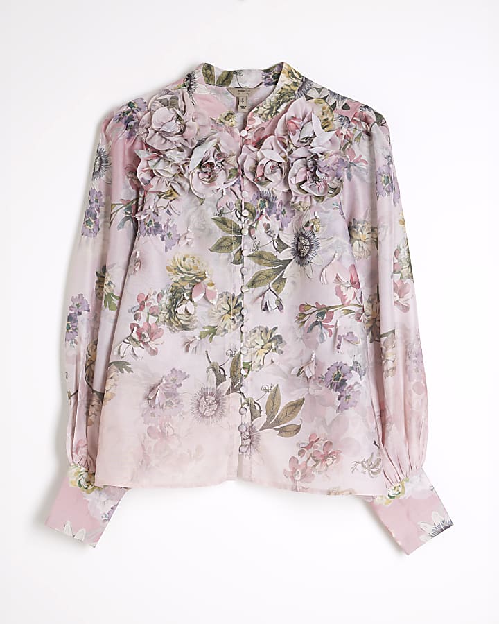 Pink 3D Floral Trimmed Sleeve Blouse