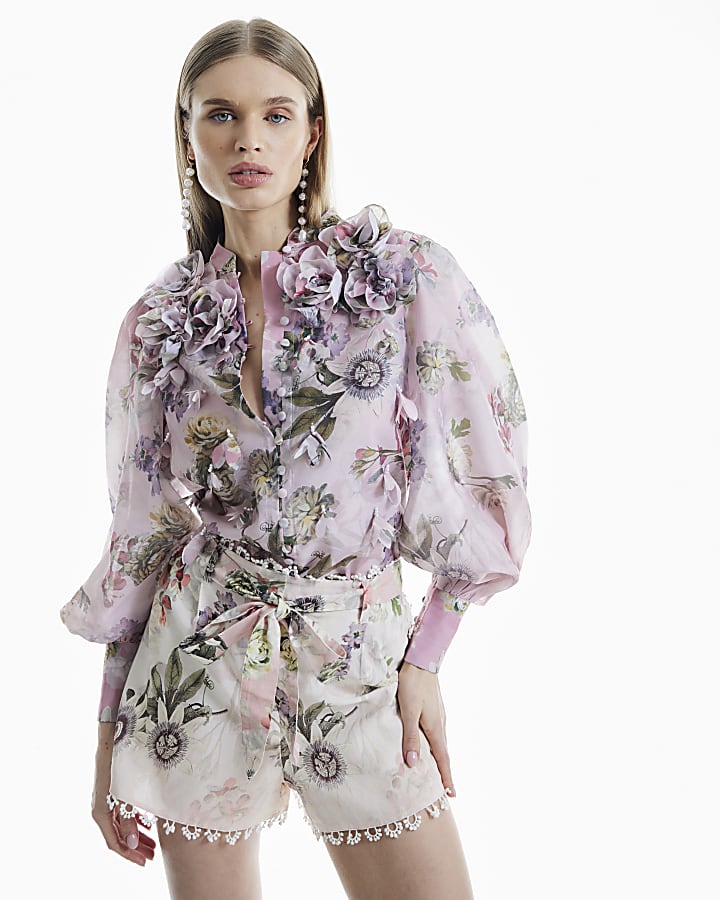 Pink 3D Floral Trimmed Sleeve Blouse