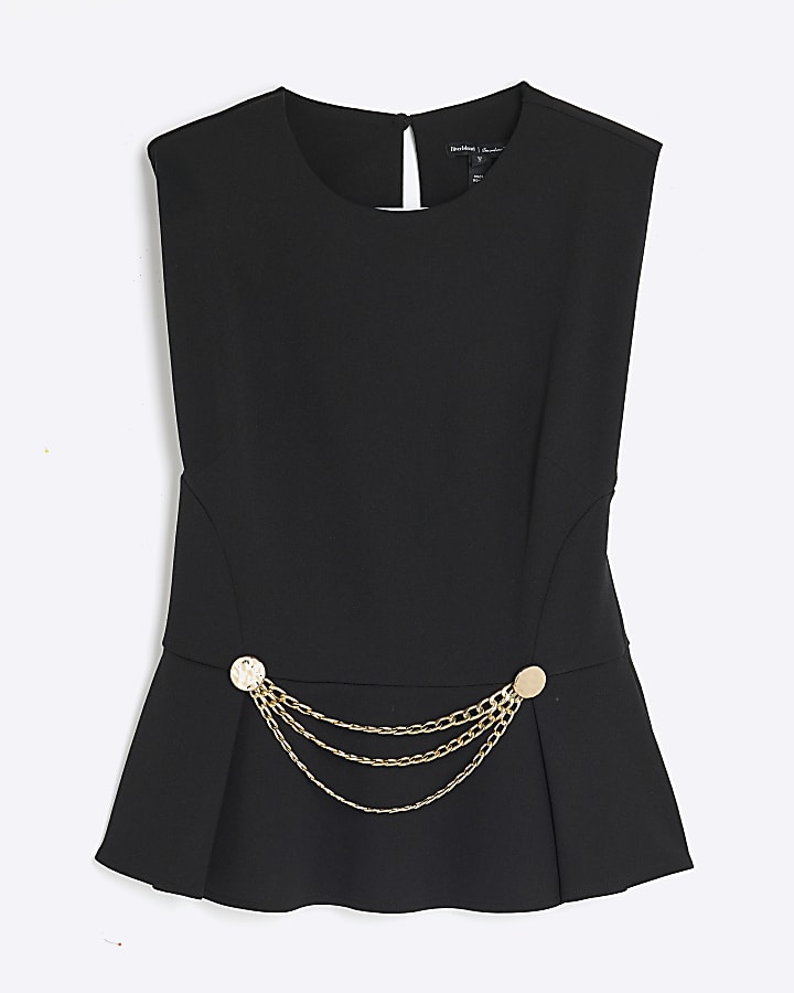 Black Sleeveless Chain Trim Peplum Top