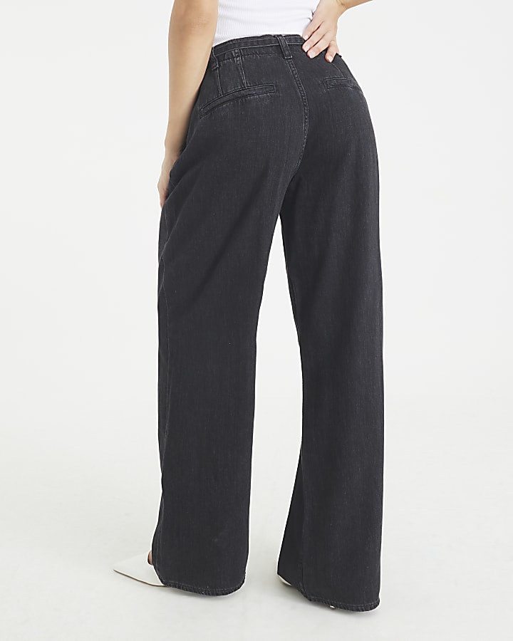 Black Mid Rise Wide Leg Tie Front Jeans