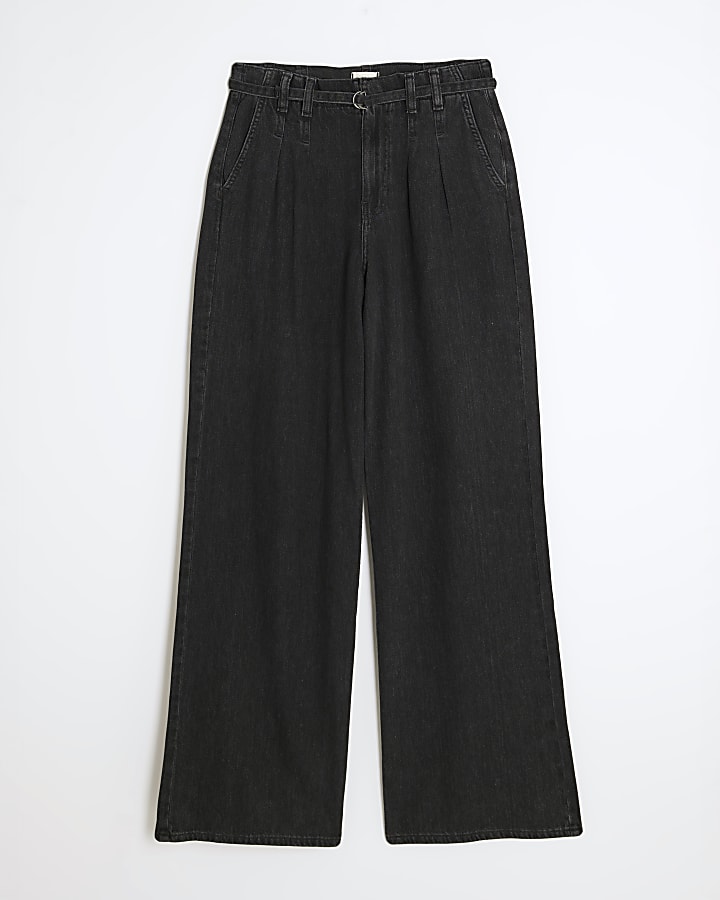Black Mid Rise Wide Leg Tie Front Jeans
