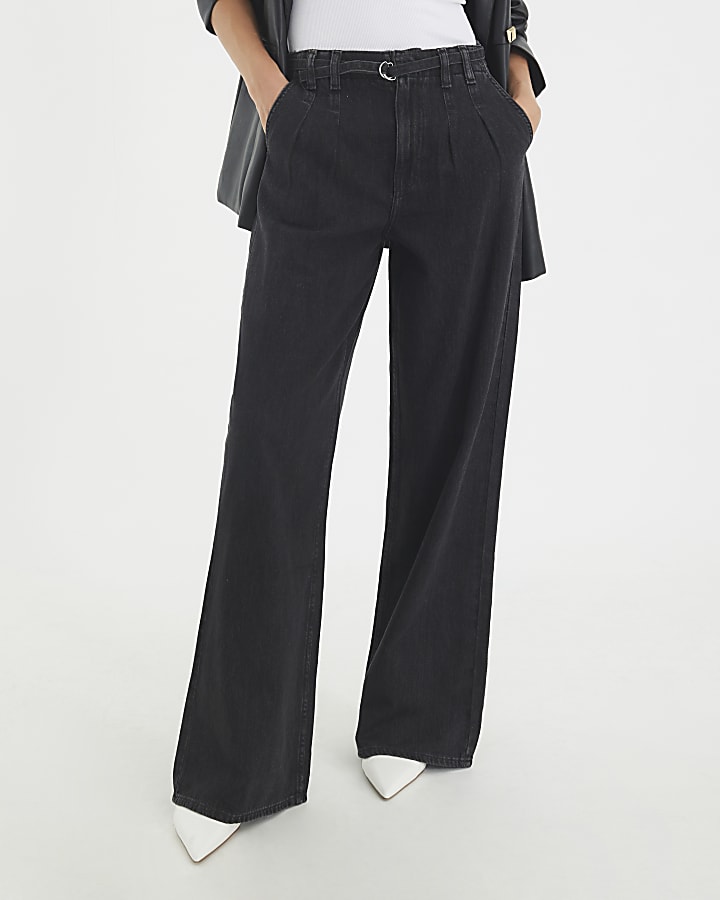 Black Mid Rise Wide Leg Tie Front Jeans