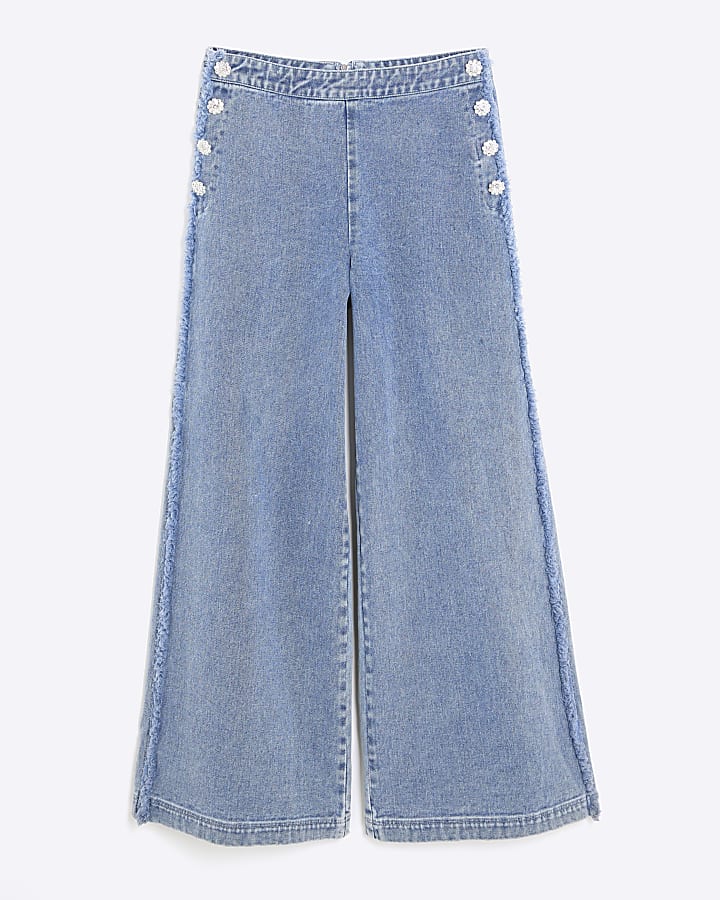 Blue High Rise Palazzo Diamante Button Jeans