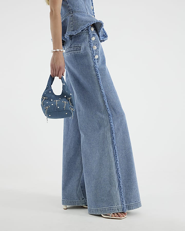 Blue High Rise Palazzo Diamante Button Jeans