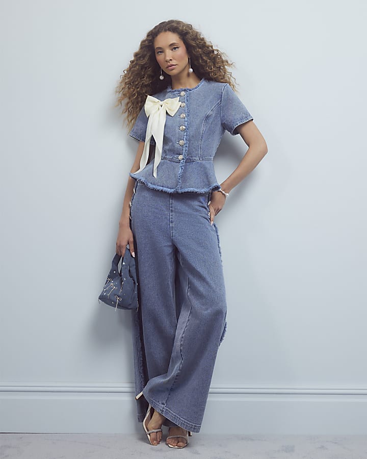 Blue High Rise Palazzo Diamante Button Jeans
