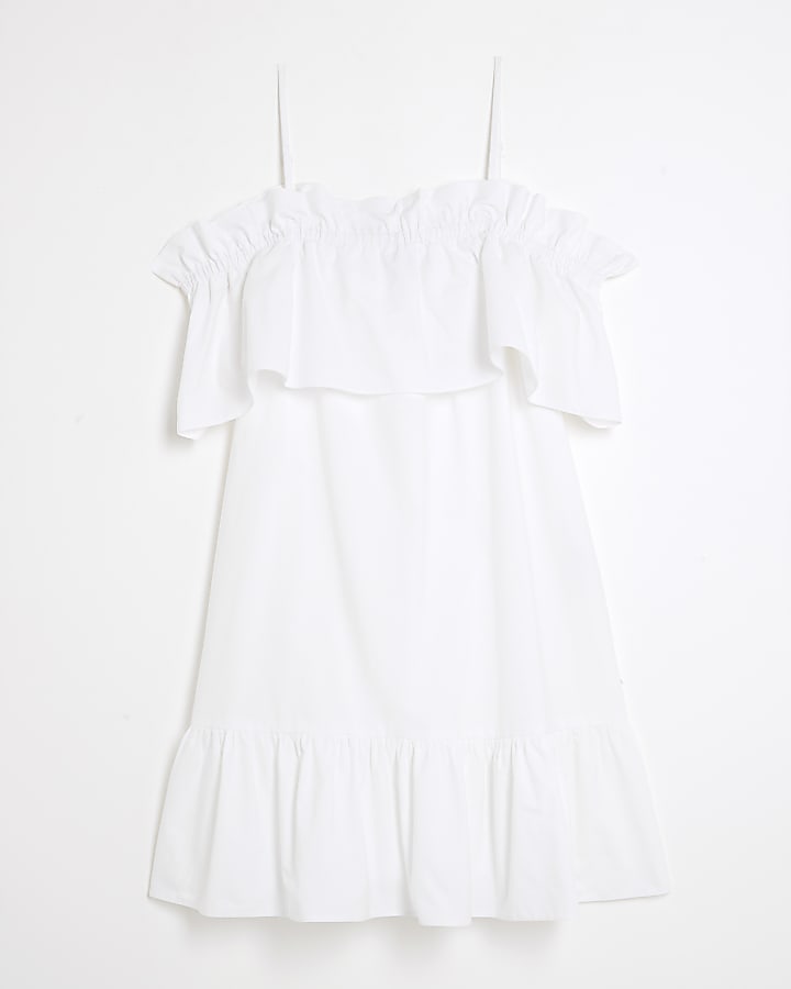 White Ruffle Bardot Mini Dress