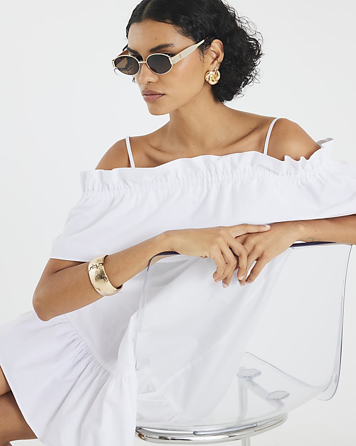 White Ruffle Bardot Mini Dress