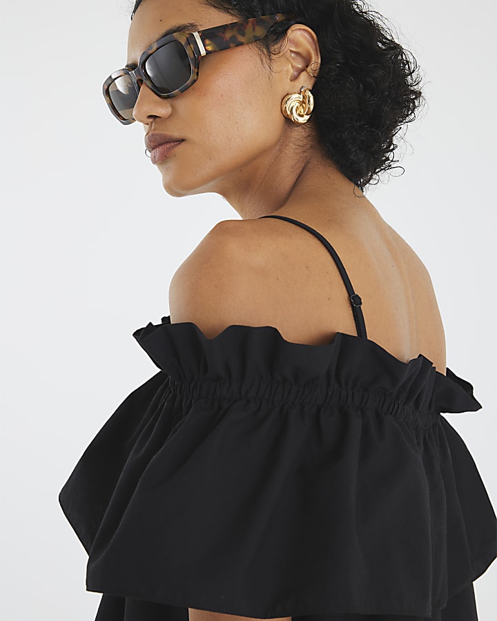 Black Ruffle Bardot Mini Dress